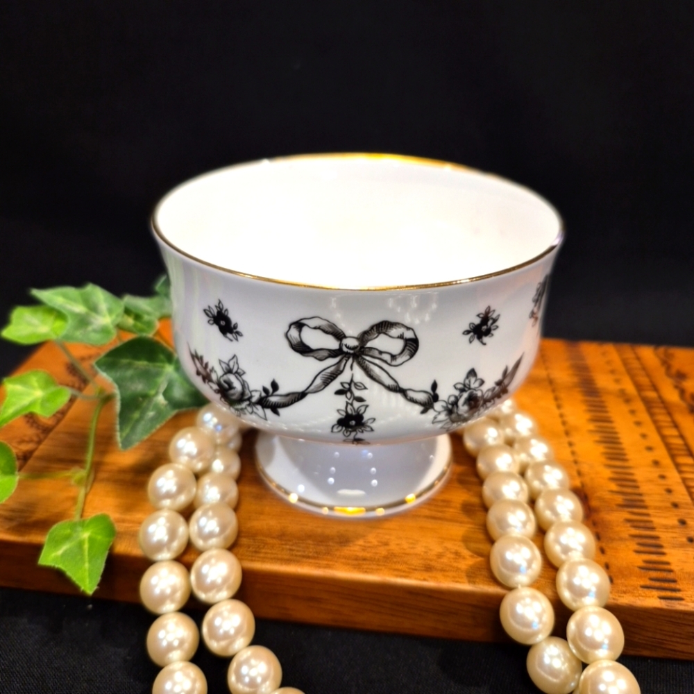 Vintage Royal Victoria Footed Dessert Sherbet Bowl ~ Black Rose & Ribbon Pattern